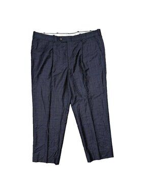 Bespoke Dress Pants Windowpane Flannel Wool Trousers Navy Blue 40x29